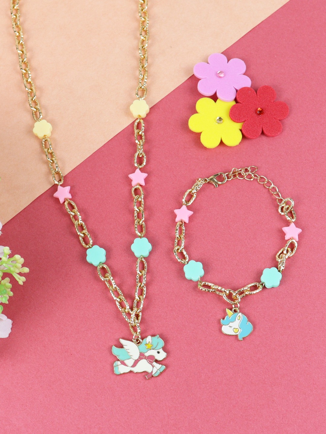 

Asthetika Kids Girls Unicorn Charm Necklace & Bracelet Set, Gold