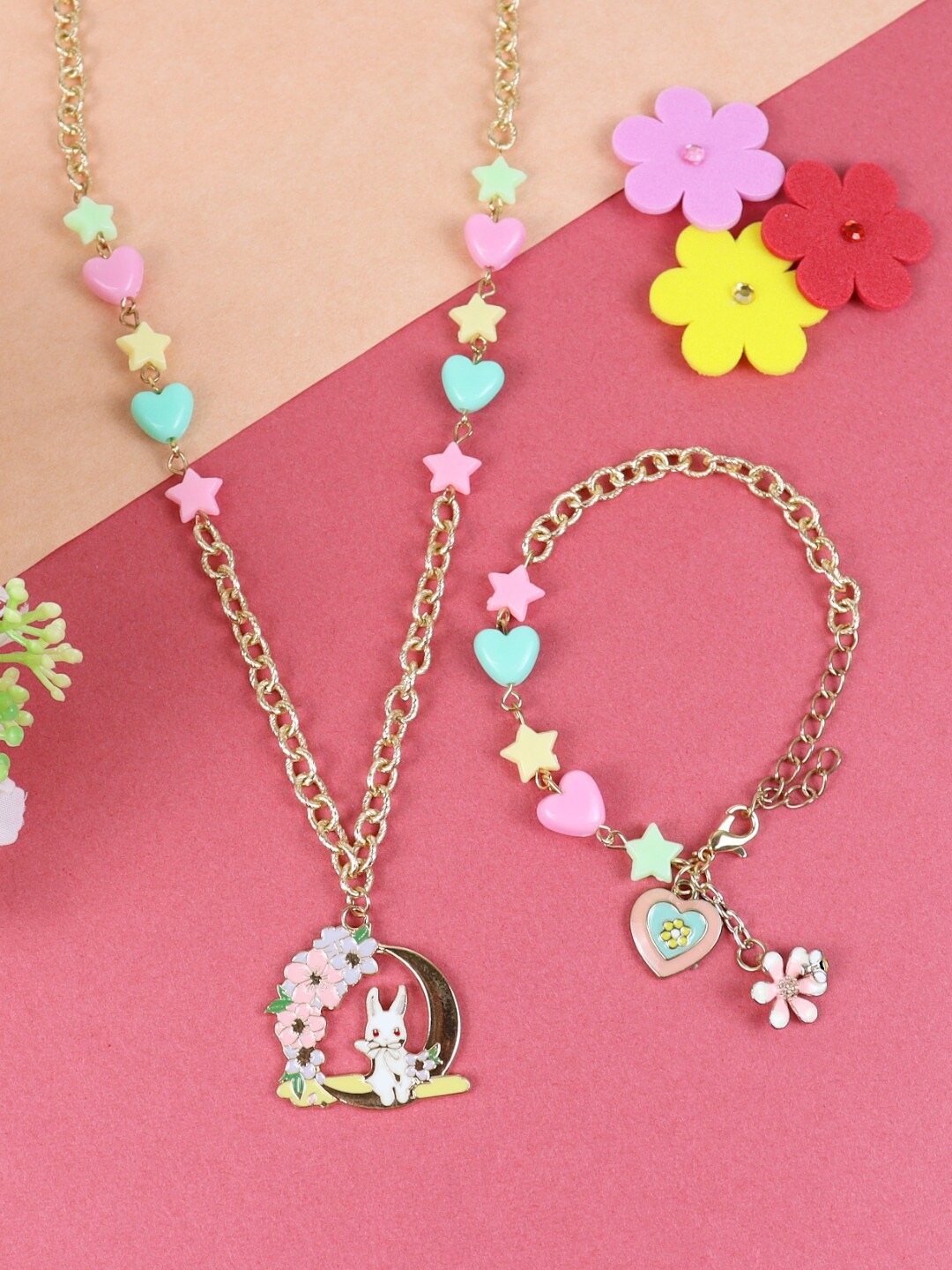 

Asthetika Kids Girls Bunny & Heart Charm Necklace & Bracelet Jewellery Set, Gold