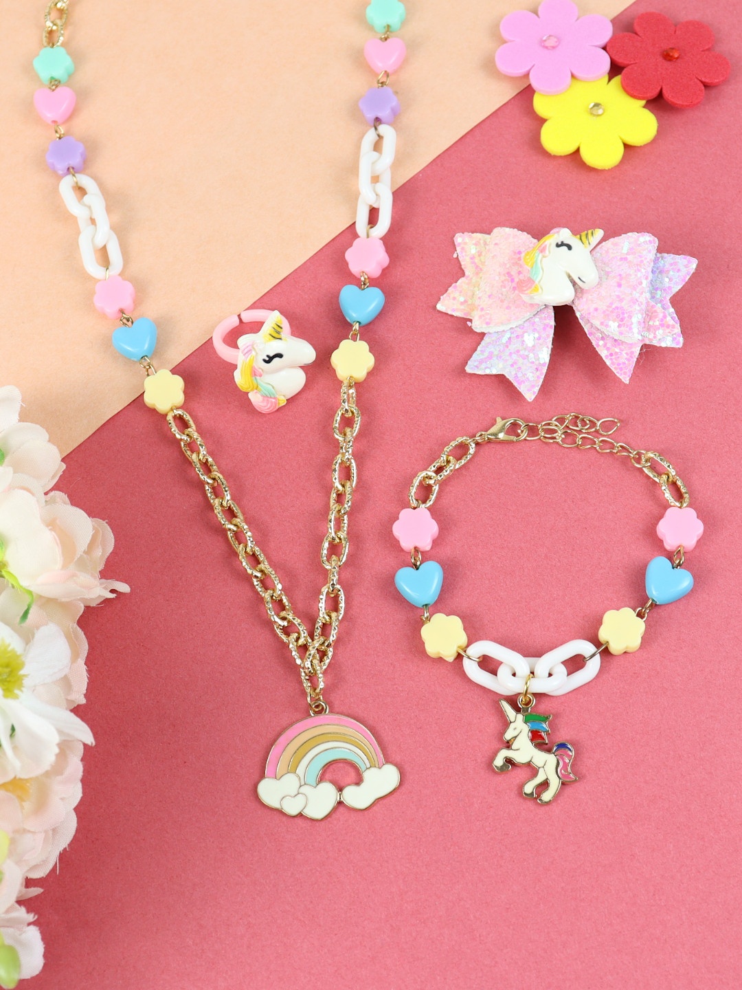 Asthetika Kids Girls Unicorn Charms Jewellery Set, Pink