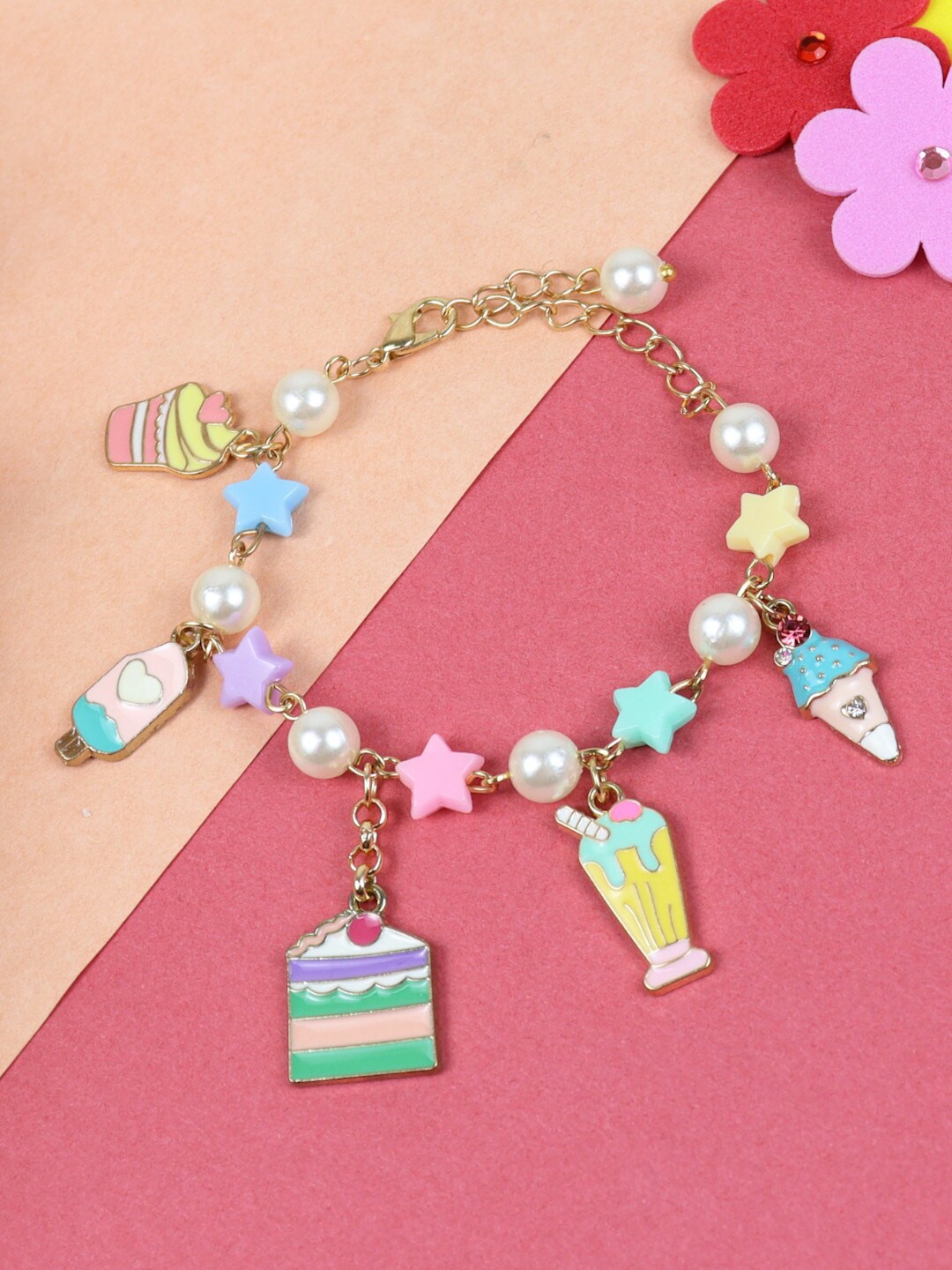 

Asthetika Kids Girls Beaded Cake & Ice Cream Charm Bracelet, Gold