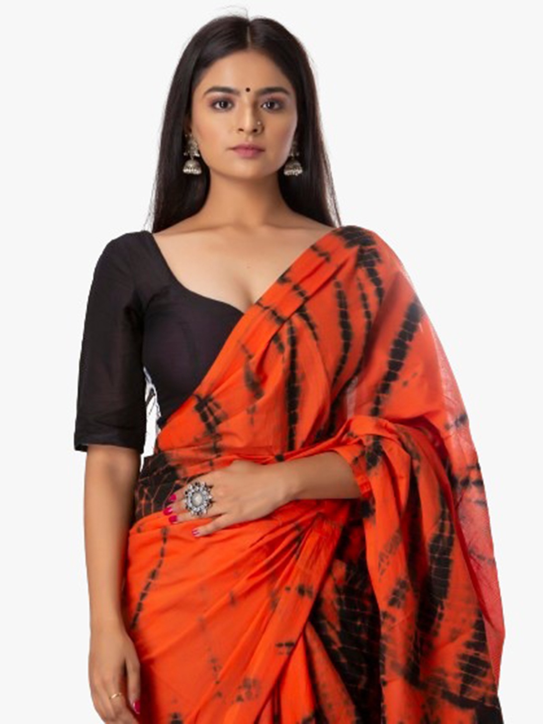 

clothonus Tie and Dye Pure Cotton Block Print Saree, Orange