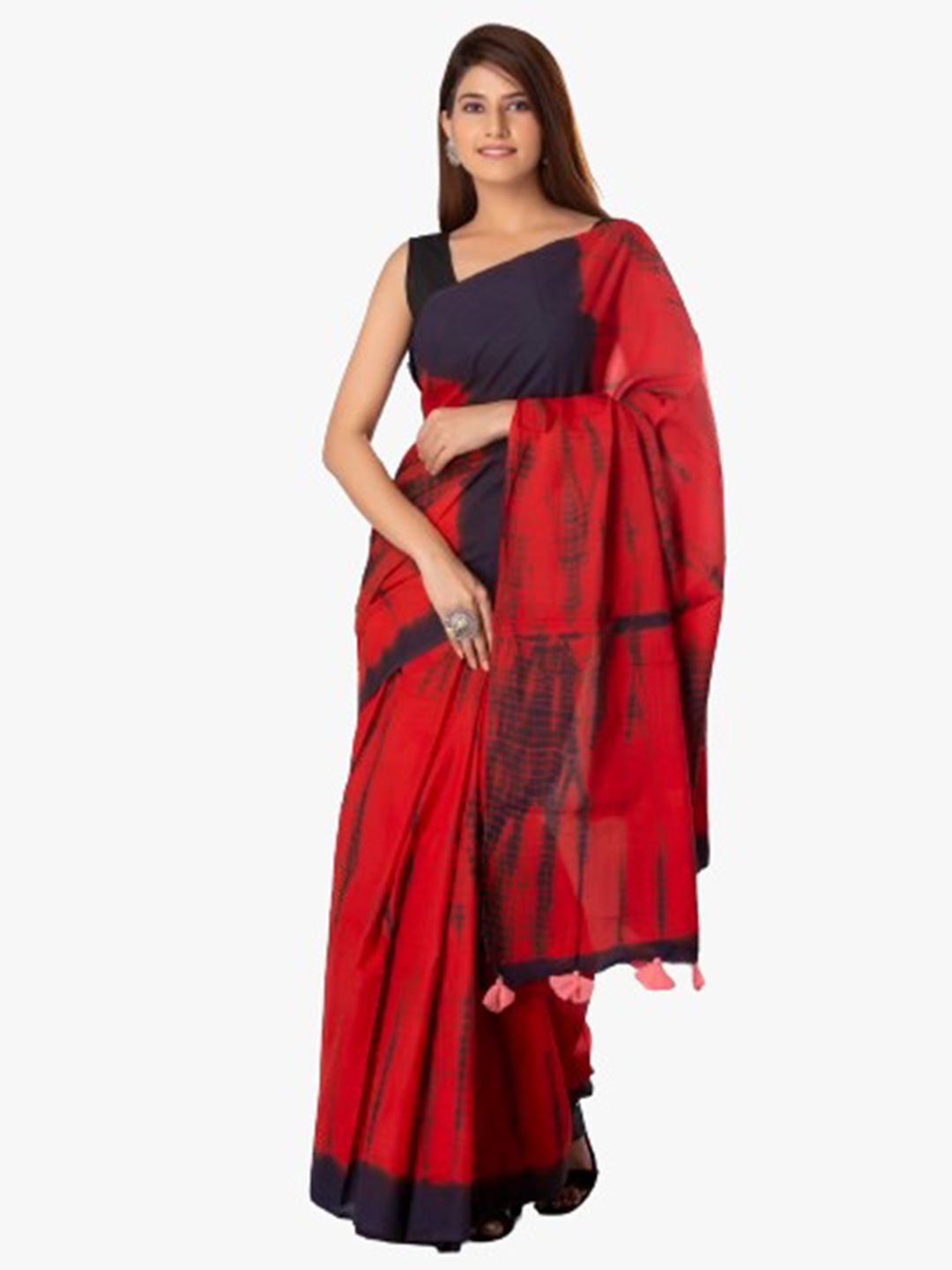 

clothonus Tie and Dye Pure Cotton Block Print Saree, Red