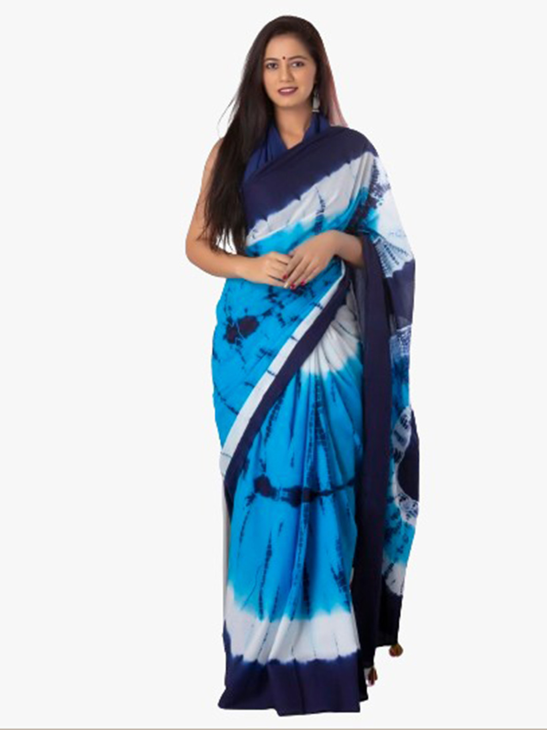 

clothonus Blue & White Tie and Dye Pure Cotton Block Print Saree