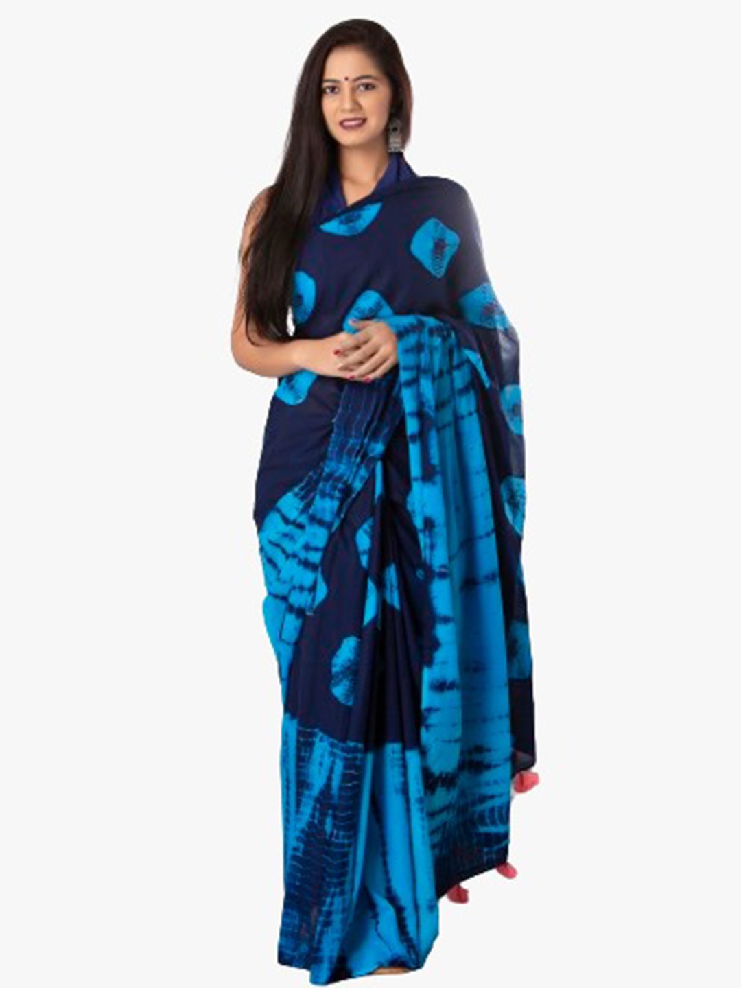 

clothonus Tie and Dye Pure Cotton Block Printed Saree, Blue