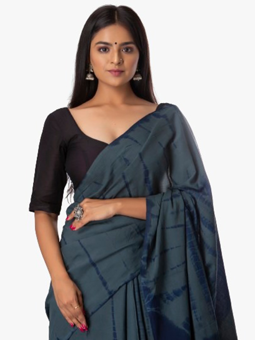 

clothonus Grey & Blue Tie and Dye Pure Cotton Block Print Saree