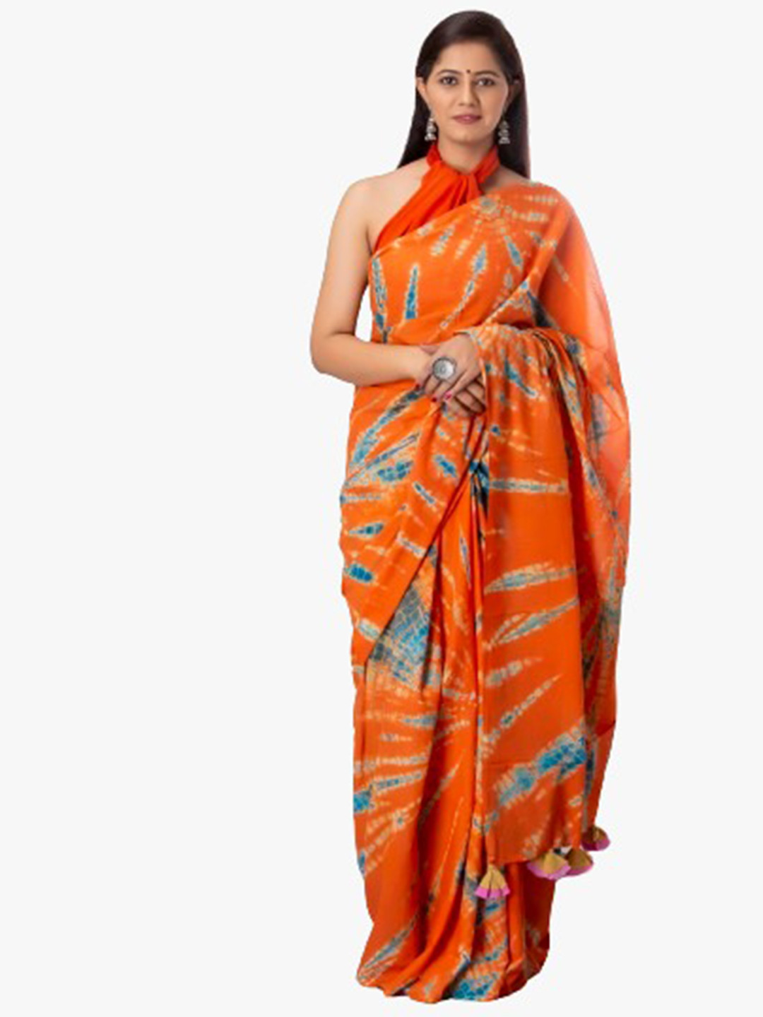 

clothonus Tie and Dye Pure Cotton Block Print Saree, Orange