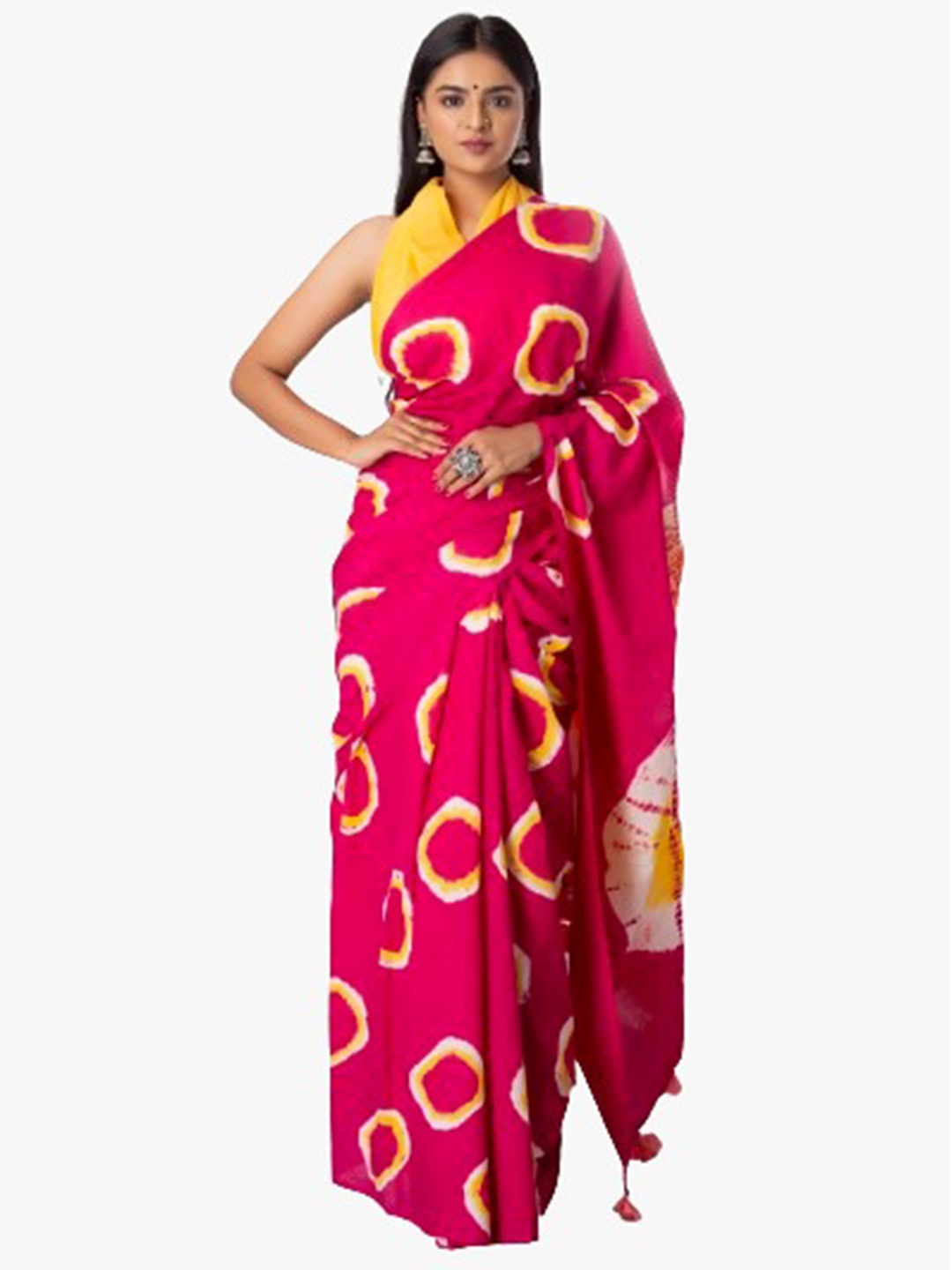 

clothonus Tie and Dye Pure Cotton Block Print Saree, Pink