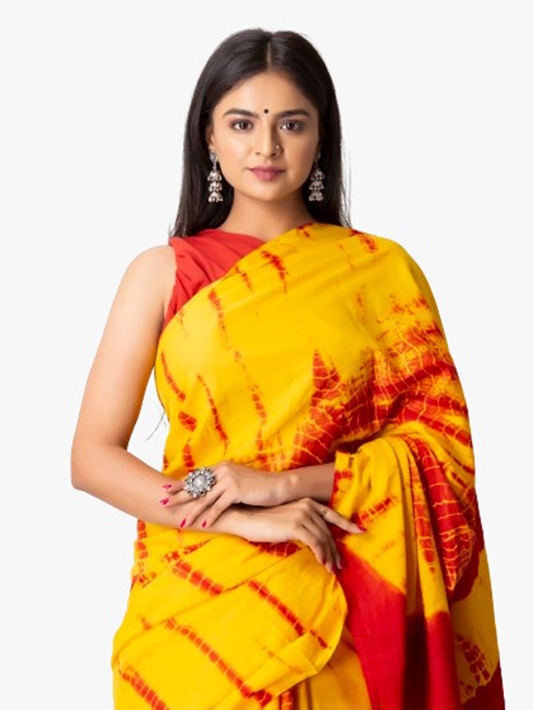 

clothonus Tie and Dye Pure Cotton Block Print Saree, Yellow