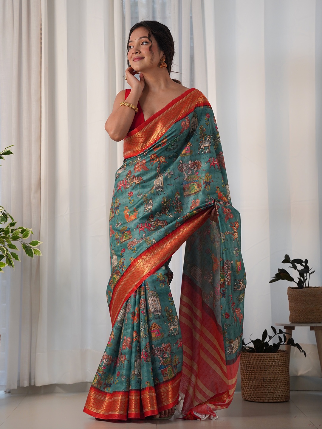 

Anouk Ethnic Motifs Woven Design Zari Saree, Teal
