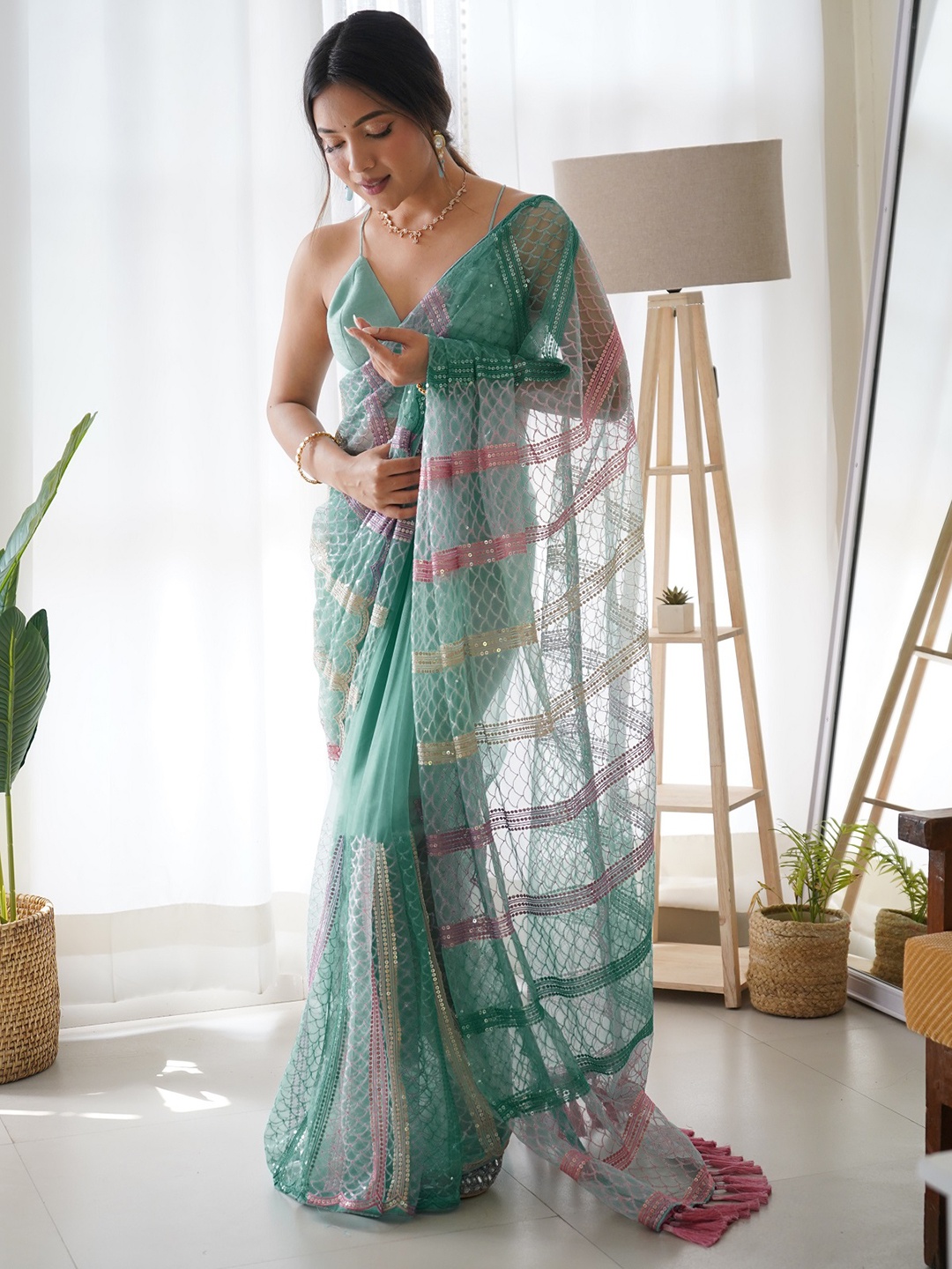 

Anouk Striped Embellished Net Saree, Teal