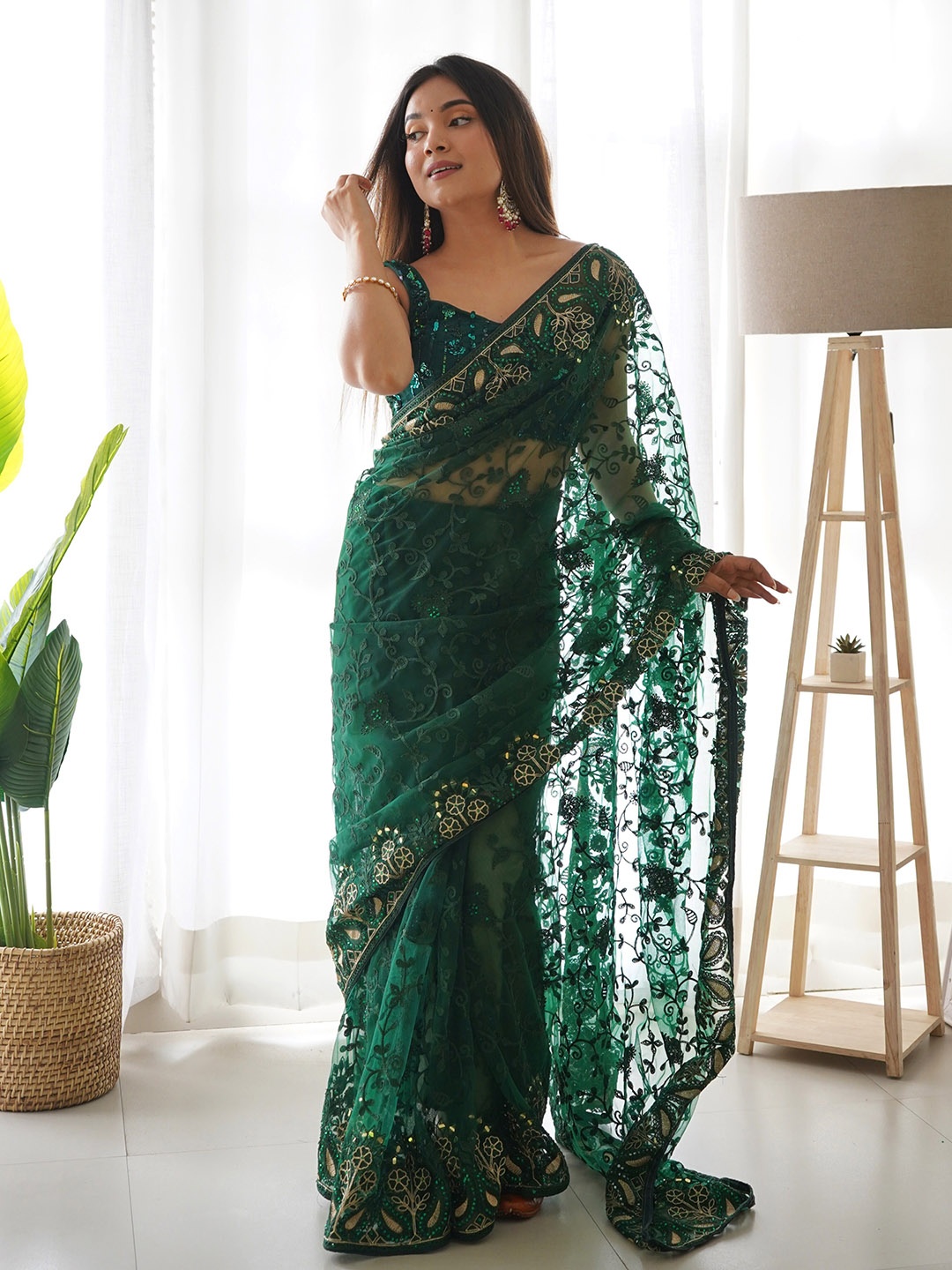 

Anouk Green Floral Embroidered Net Saree