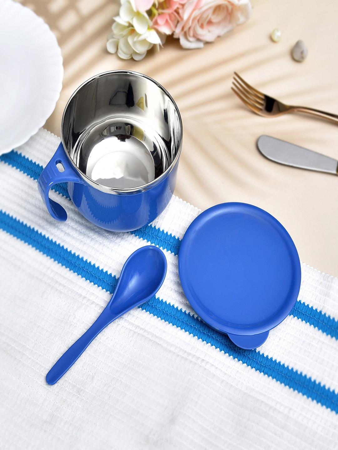 

Kuber Industries Blue 2 Pieces Stainless Steel Food Containers With Lid & Spoons 600 ml