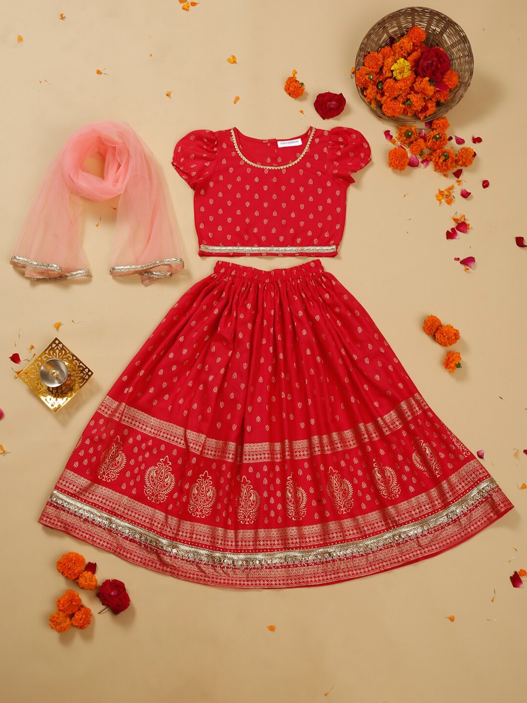 

SAKA DESIGNS Girls Printed Ready to Wear Lehenga & Blouse With Dupatta, Red
