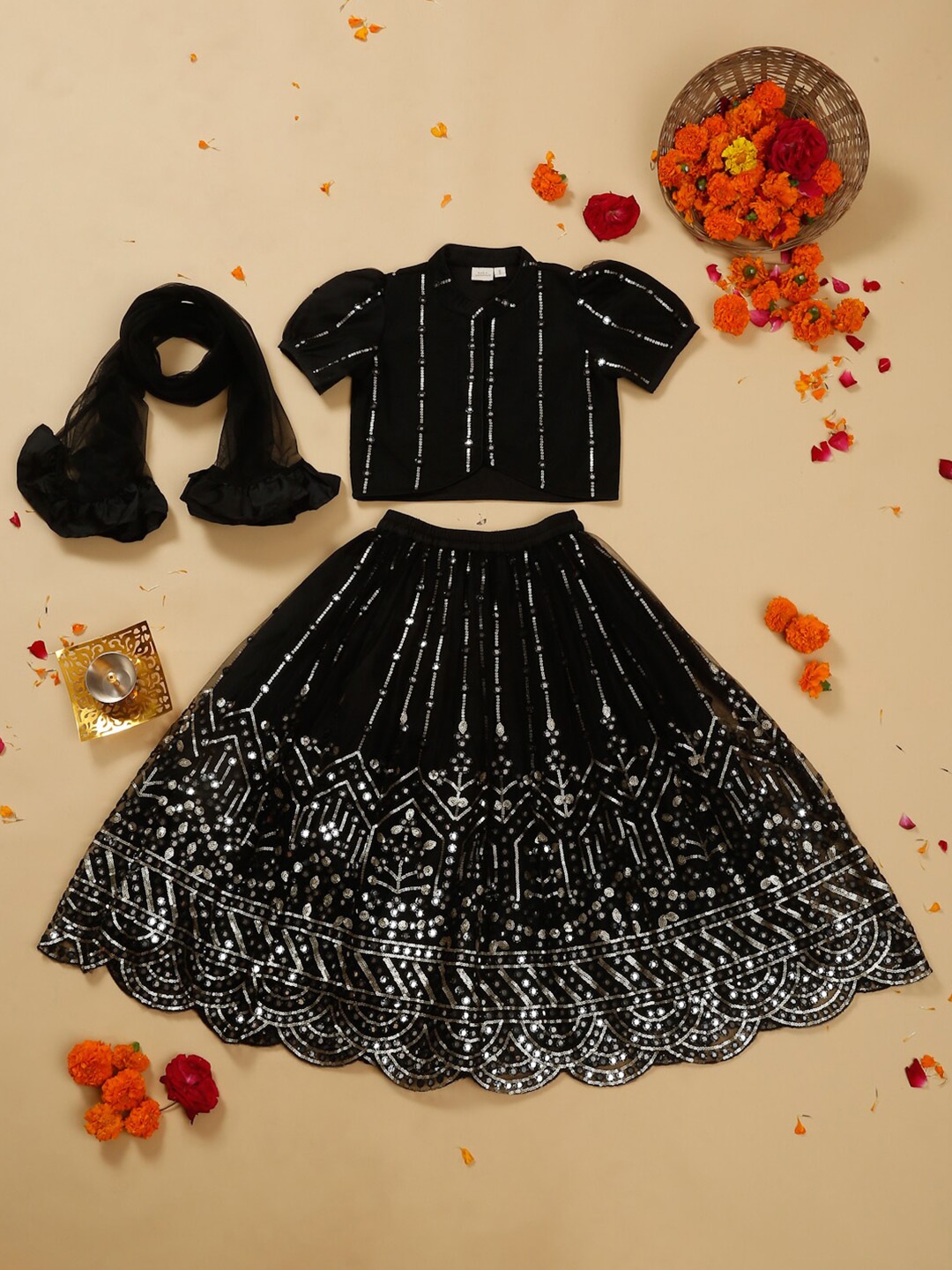 

SAKA DESIGNS Girls Embellished Mirror Work Ready to Wear Lehenga & Blouse With Dupatta, Black