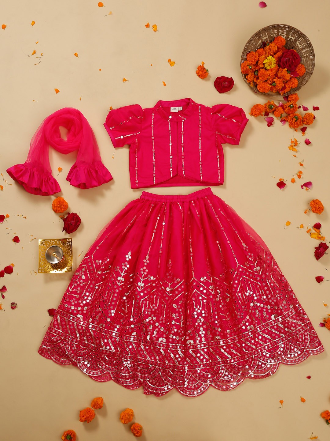 SAKA DESIGNS Girls Embellished Mirror Work Net Ready to Wear Lehenga & Blouse With Dupatta, Magenta
