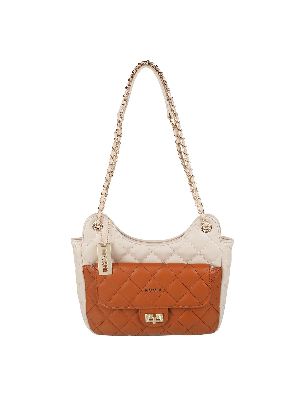 

Mochi Colourblocked Quilted PU Structured Shoulder Bag, Tan