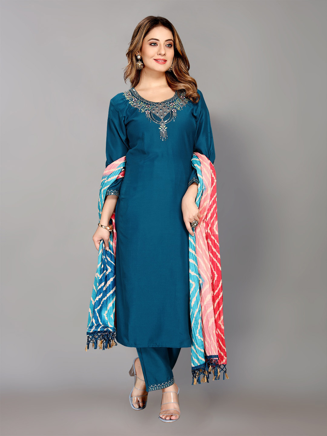 

PIRAMYD CLUB Ethnic Motifs Embroidered Regular Thread Work Kurta with Trousers & Dupatta, Blue