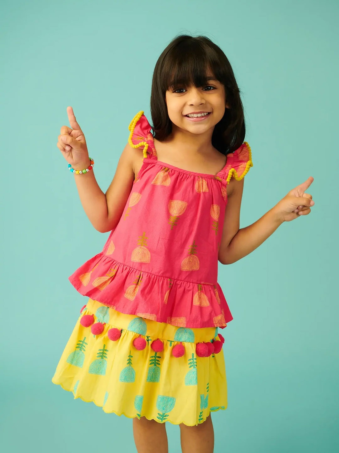 

Somersault Girls Printed Pure Cotton Top with Skirt, Pink