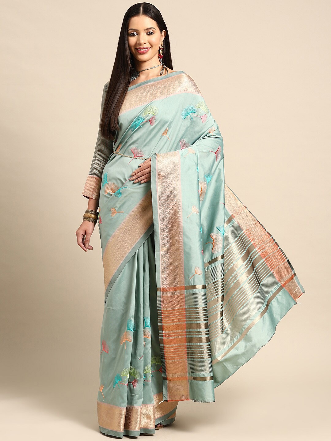 

Mitera Turquoise Blue & Gold Toned Floral Embroidered Banarasi Saree