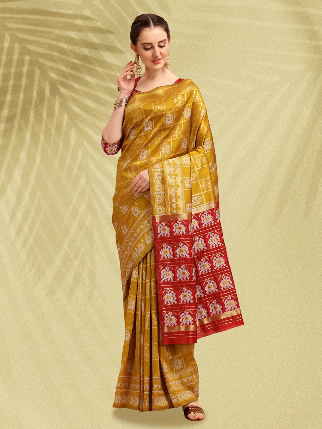 

Mitera Yellow & Red Ethnic Motifs Woven Design Zari Patola Saree