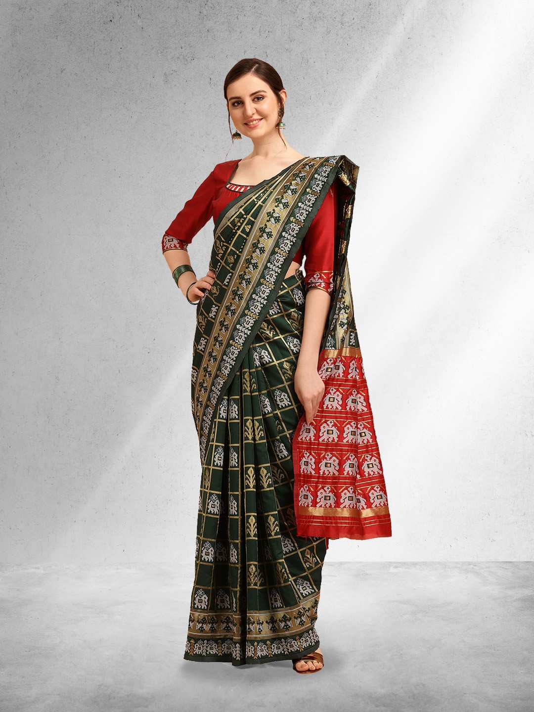 

Mitera Green & Red Geometric Zari Silk Cotton Patola Saree