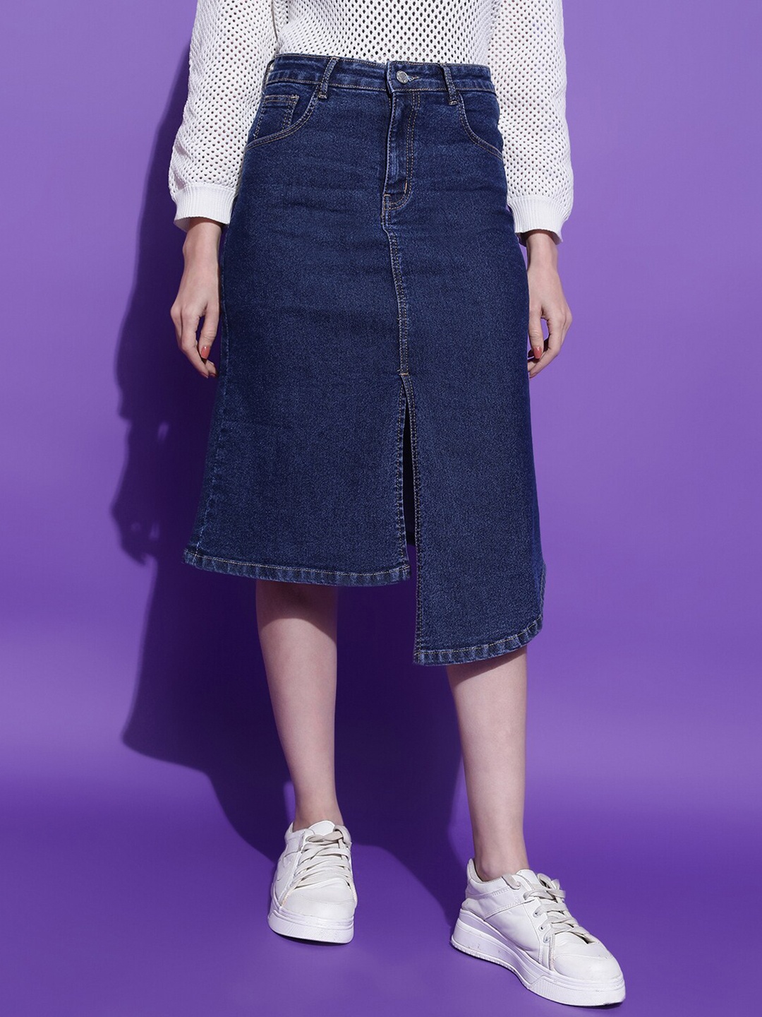 

Stylecast X Kotty Indigo Knee Length Denim Straight Skirt, Blue