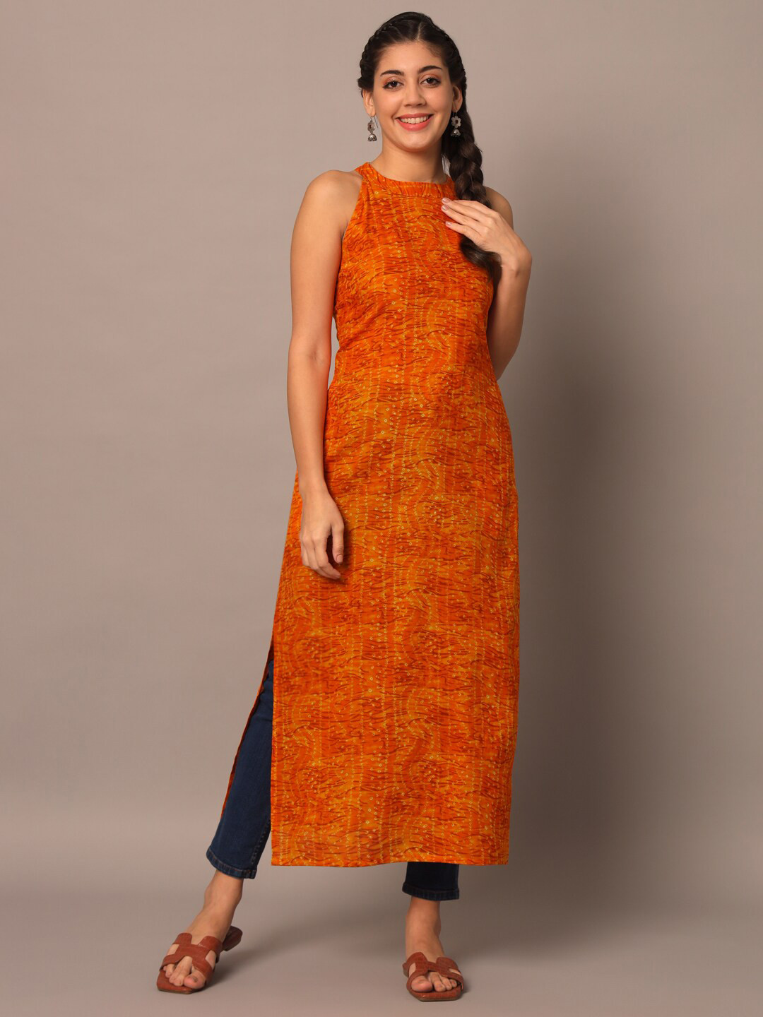 

Meeranshi Bandhani Printed Halter Neck Cotton Straight Kurta, Orange