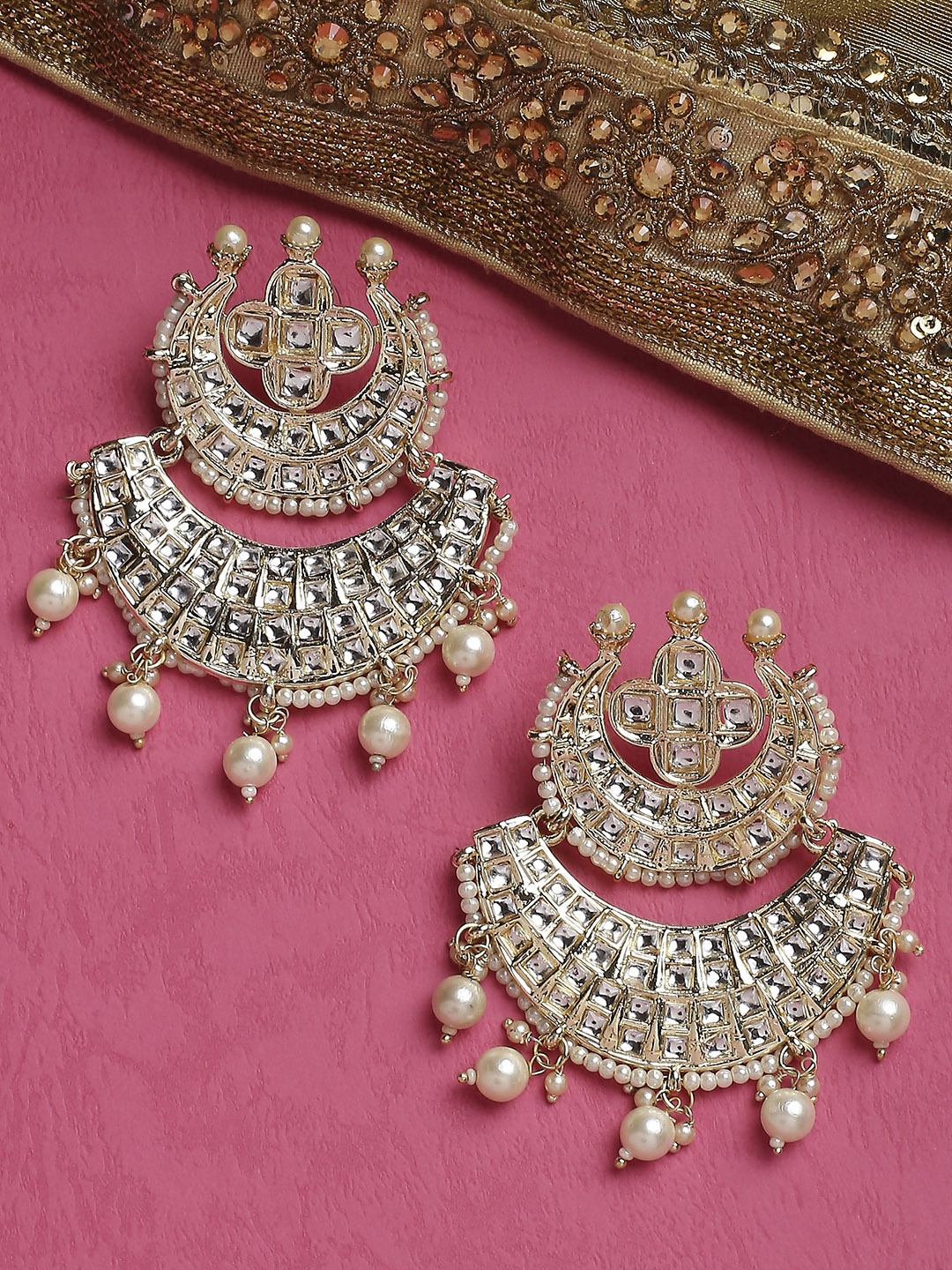 

OOMPH Kundan Studded Floral Chandbalis Earrings, Gold