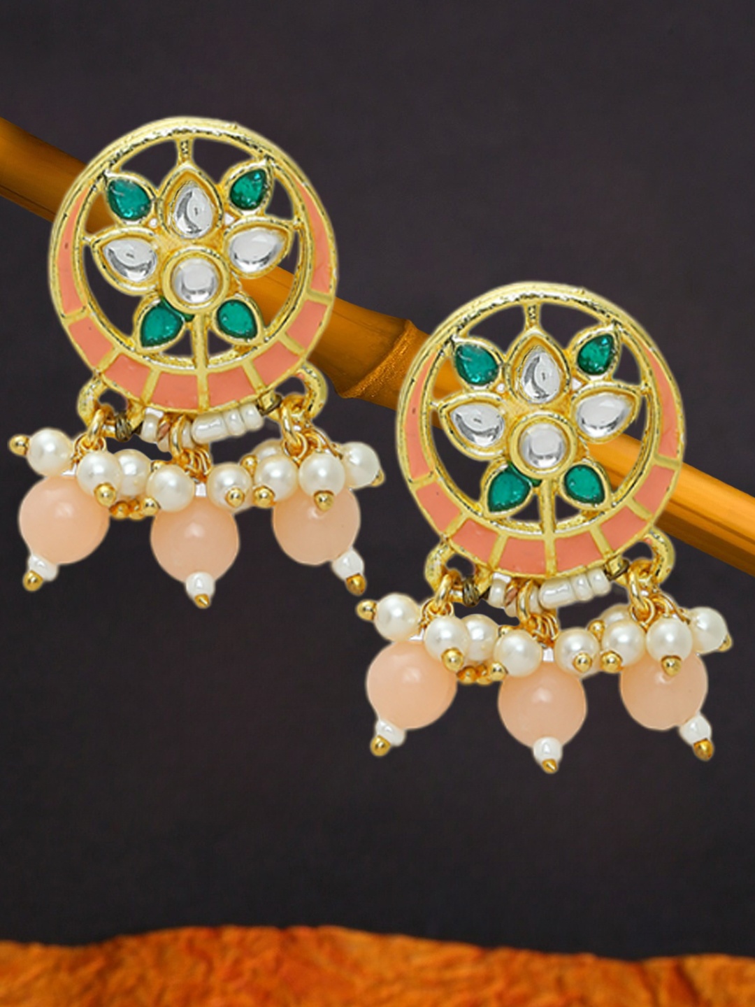 

OOMPH Kundan Studded Circular Meenakari Drop Earrings, Gold