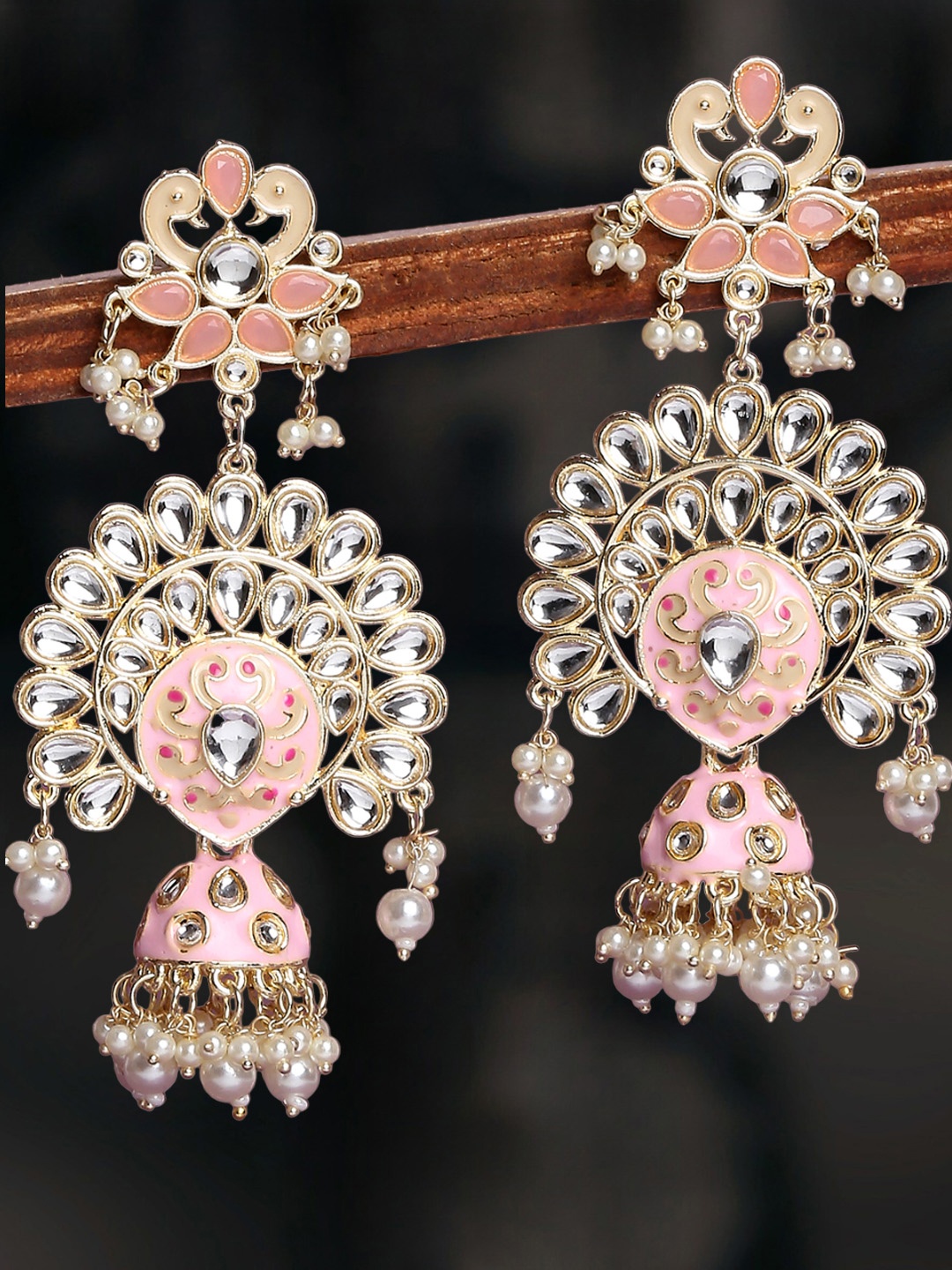 

OOMPH Kundan Studded Peacock Shaped Jhumkas Earrings, Pink