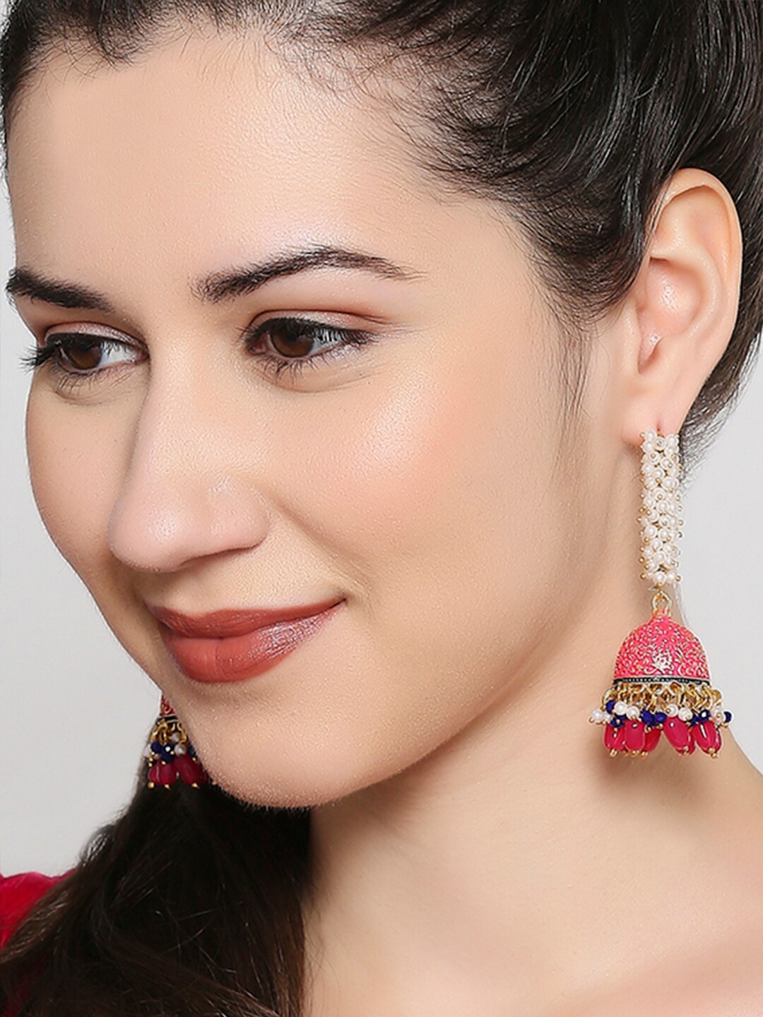 

OOMPH Meenakari Pearls Beaded Dome Shaped Jhumkas Earrings, Maroon