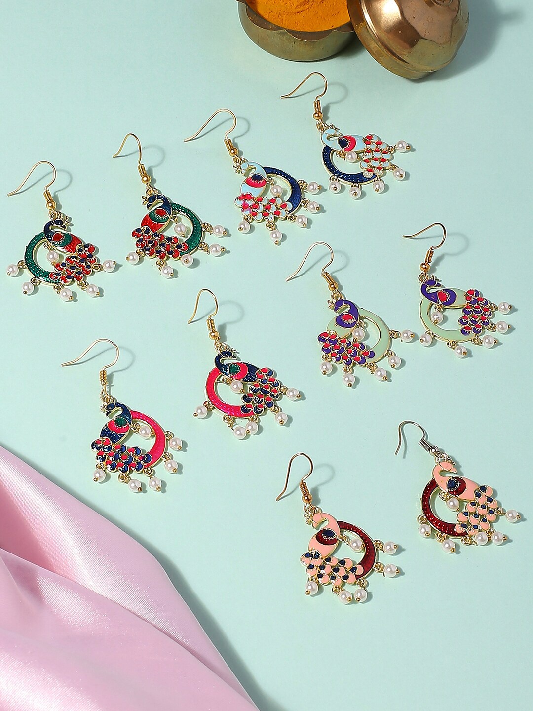 

OOMPH Set Of 5 Peacock Shaped Pearls Beaded Jhumkas Earrings, Green