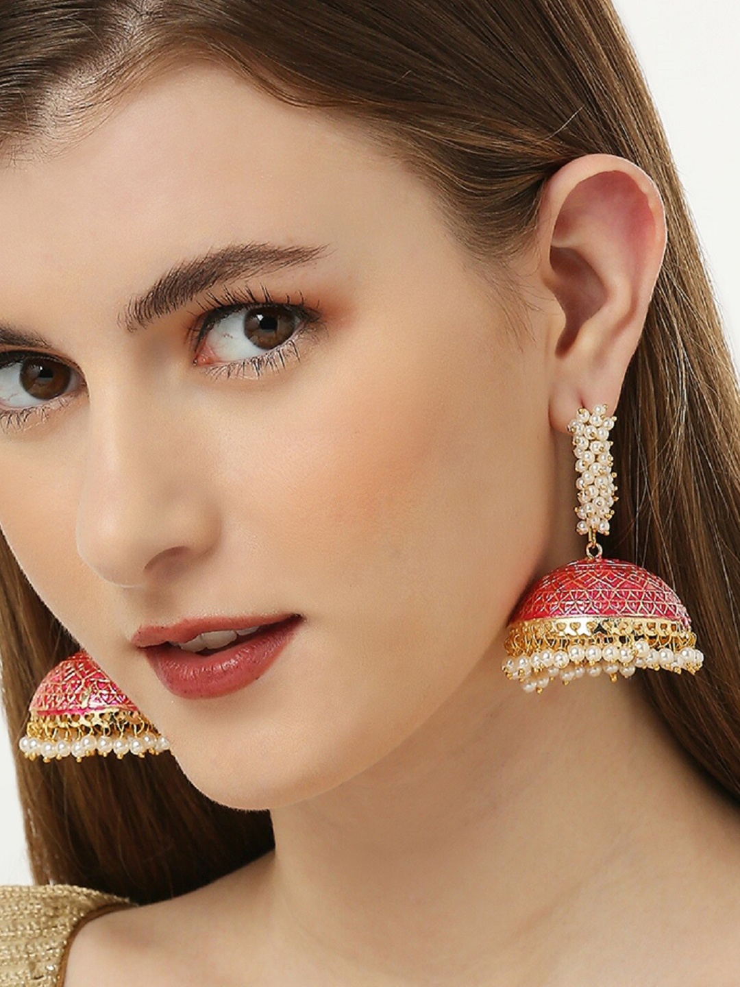 

OOMPH Meenakari Pearls Beaded Dome Shaped Jhumkas Earrings, Pink