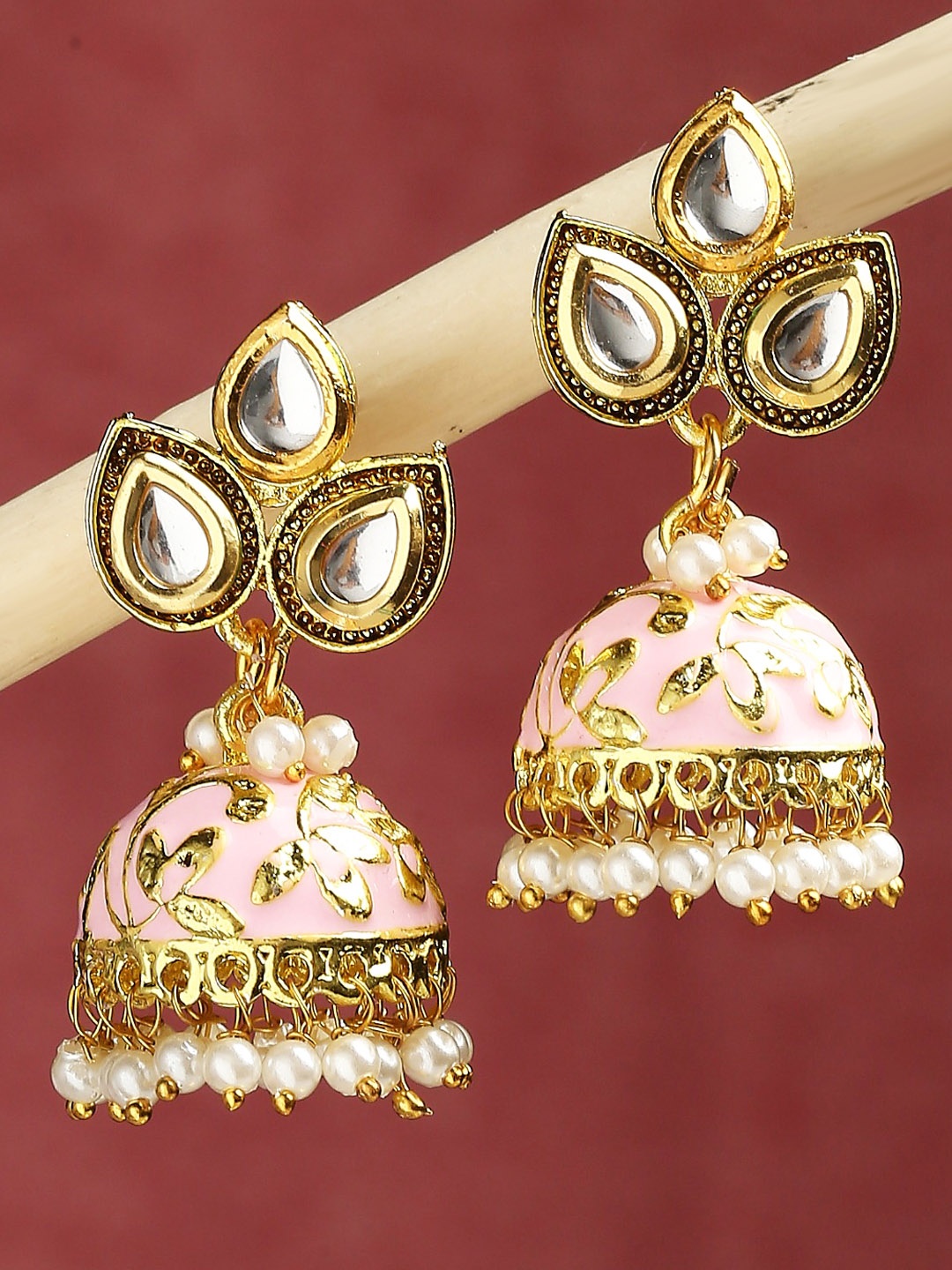 

OOMPH Kundan Studded Meenakari Drop Earrings, Pink