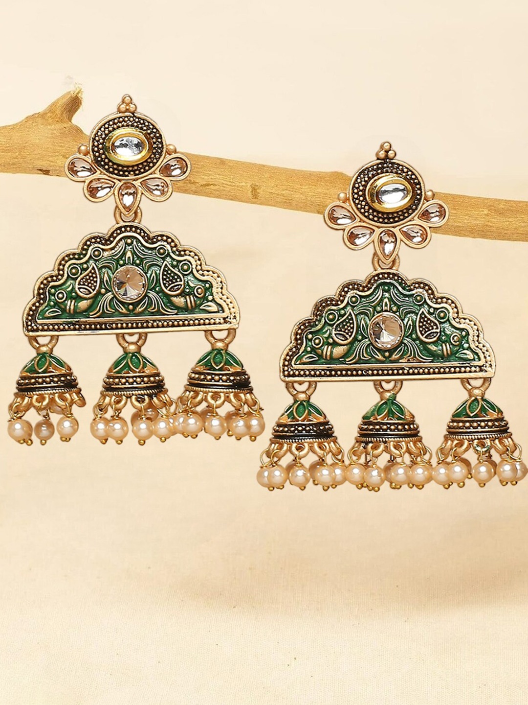 

OOMPH Kundan Studded Beads Beaded Peacock Shaped Meenakari Jhumkas, Gold