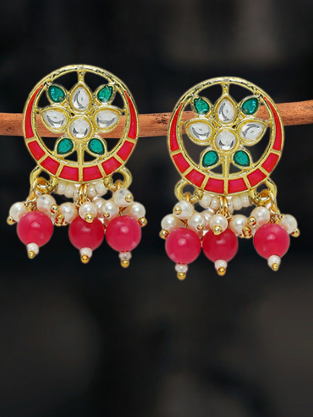 

OOMPH Kundan Studded Meenakari Drop Earrings, Pink