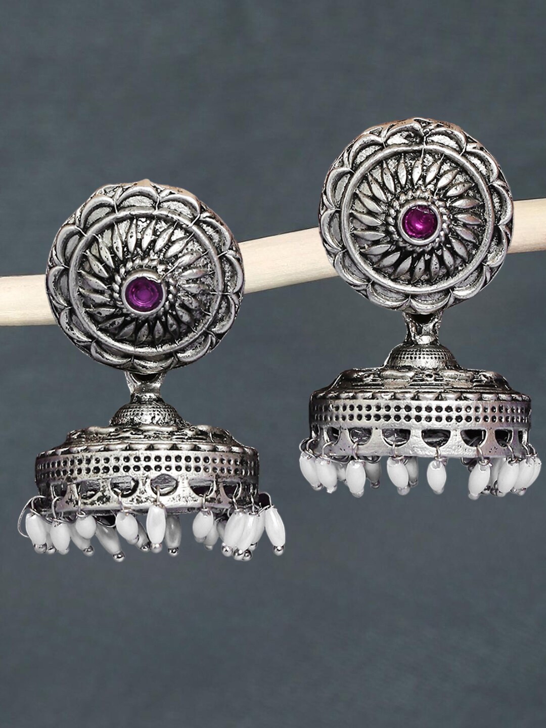 

OOMPH Stones Studded Beads Beaded Dome Shaped Oxidised Jhumkas, Silver
