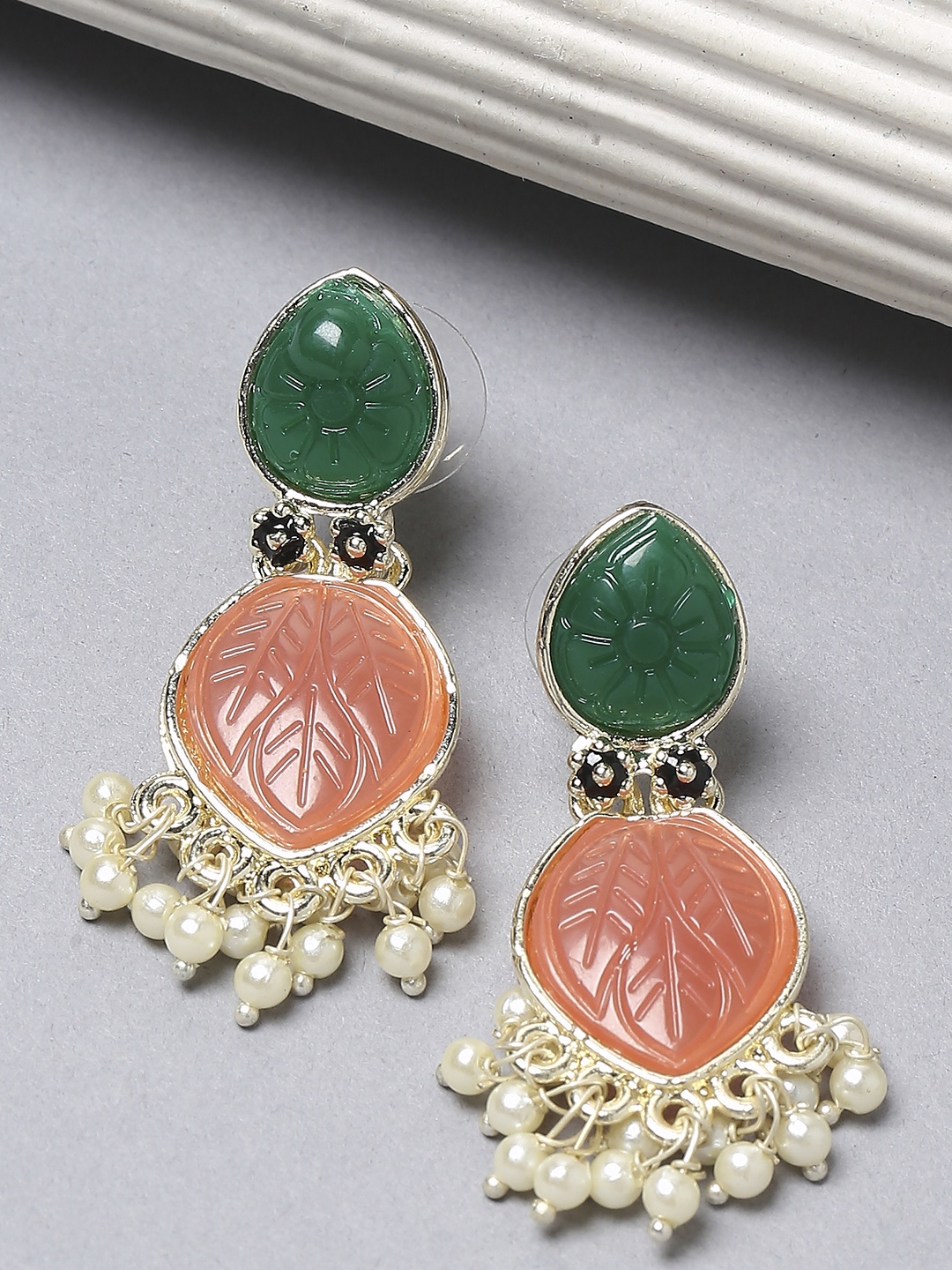 

OOMPH Artificial Stones Studed Beads Beaded Floral Drop Earrings, Peach