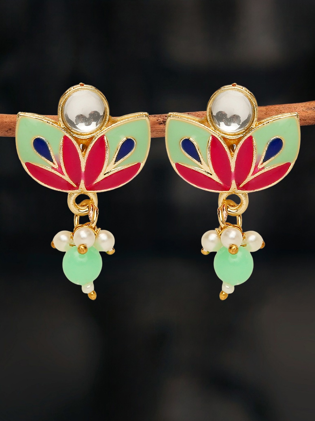 

OOMPH Kundan Studded Meenakari Drop Earrings, Green