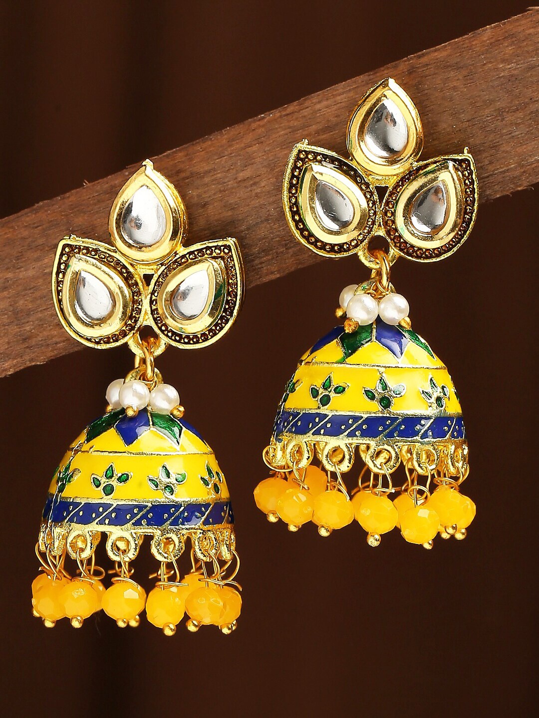

OOMPH Kundan Studded Beads Beaded Dome Shaped Meenakari Jhumkas, Gold