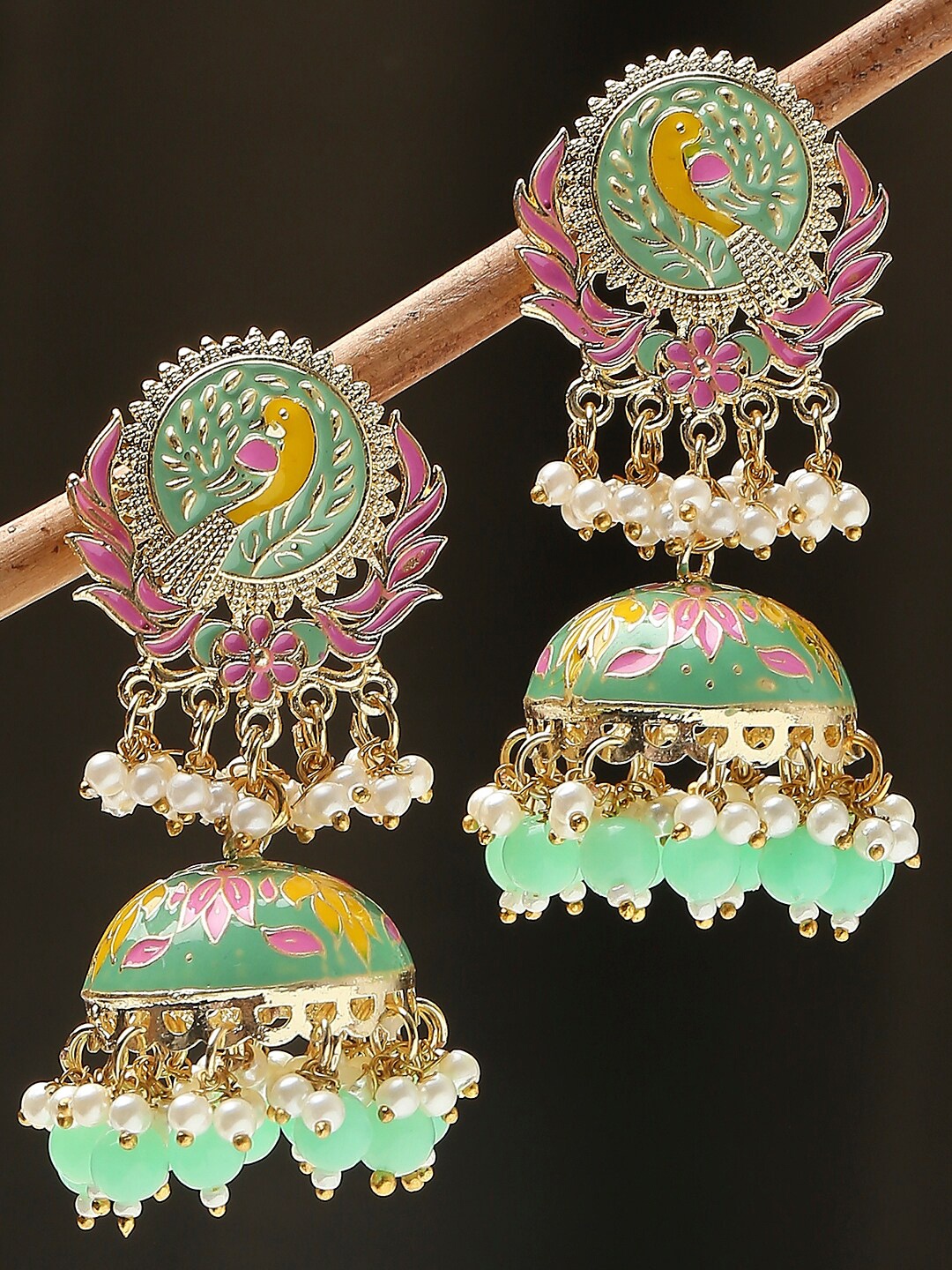 

OOMPH Beads Beaded Peacock Shaped Enamelled Meenakari Jhumkas, Gold
