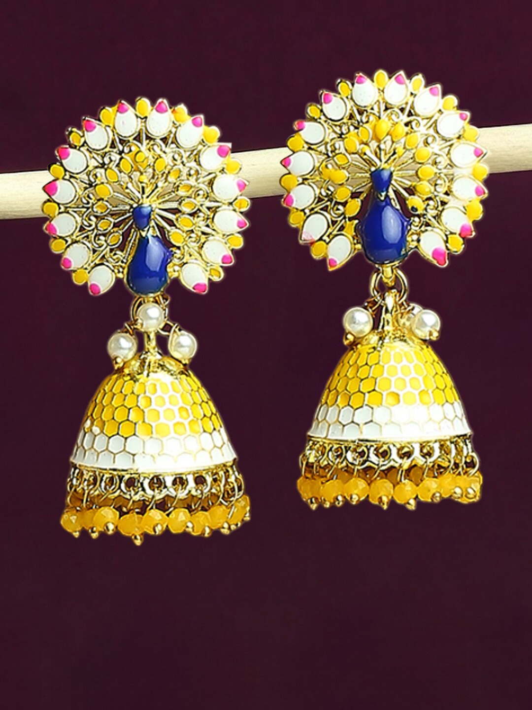 

OOMPH Beads Beaded Peacock Shaped Enamelled Meenakari Jhumkas, Gold