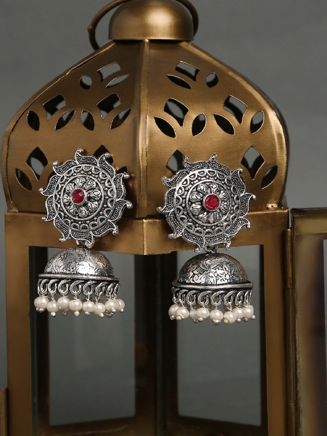 

OOMPH Oxidised Pearls Contemporary Jhumkas, Silver