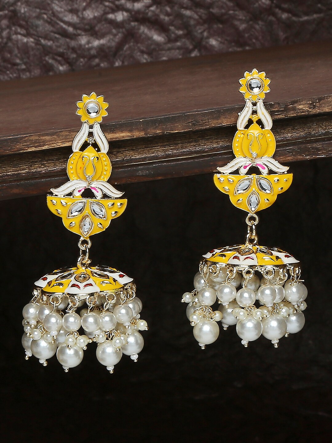 

OOMPH Meenakari & Kundan Dome Shaped Jhumkas, Yellow