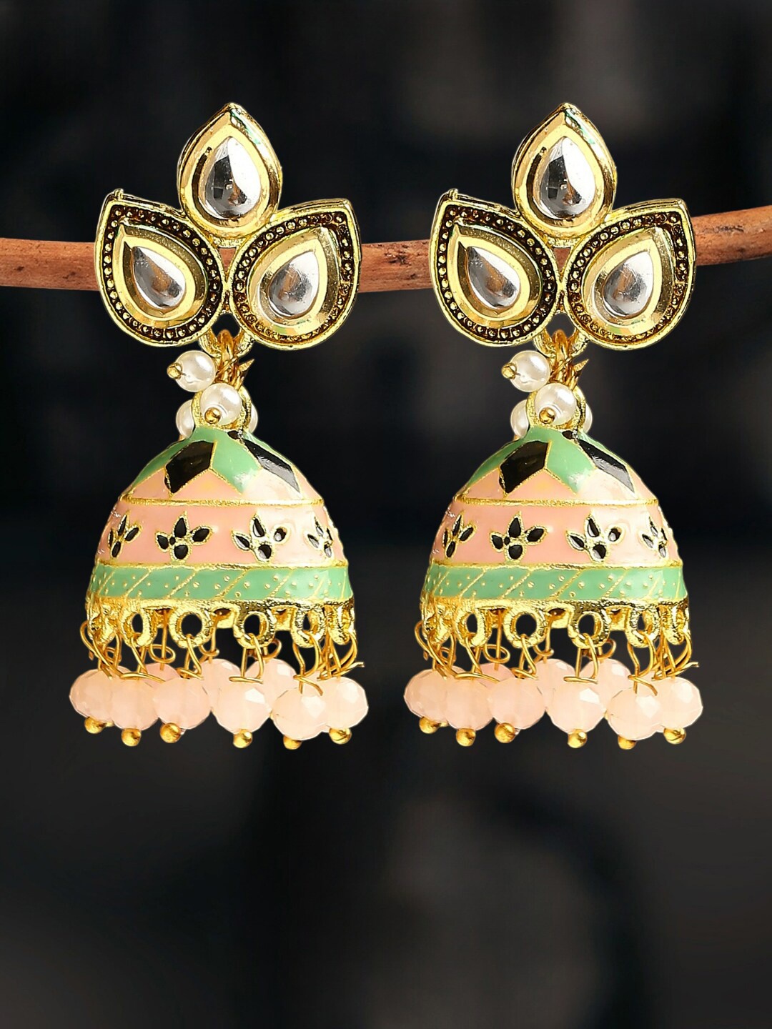 

OOMPH Kundan Studded Floral Meenakari Jhumkas, Gold