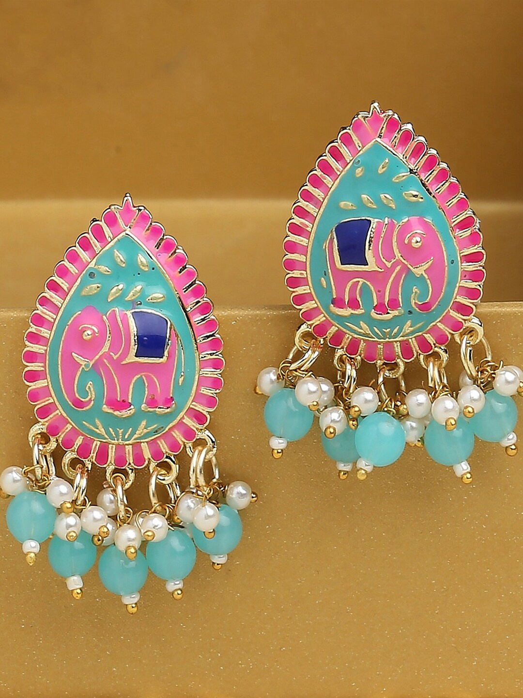

OOMPH Kundan Studded Elephant Design Meenakari Drop Earrings, Gold