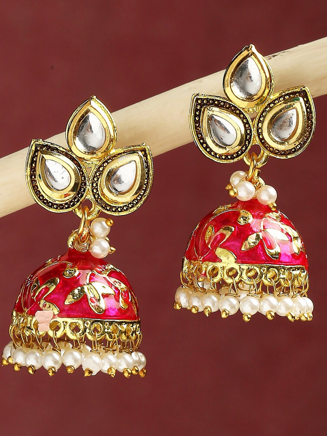 

OOMPH Floral Meenakari Jhumkas, Gold