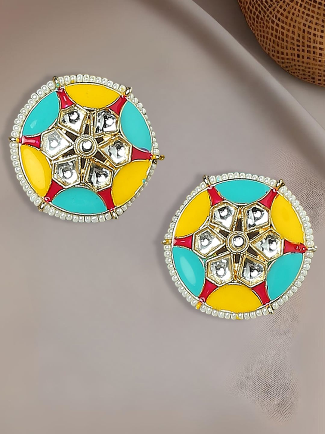 

OOMPH Meenakari Circular Beaded Studs Earrings, Gold