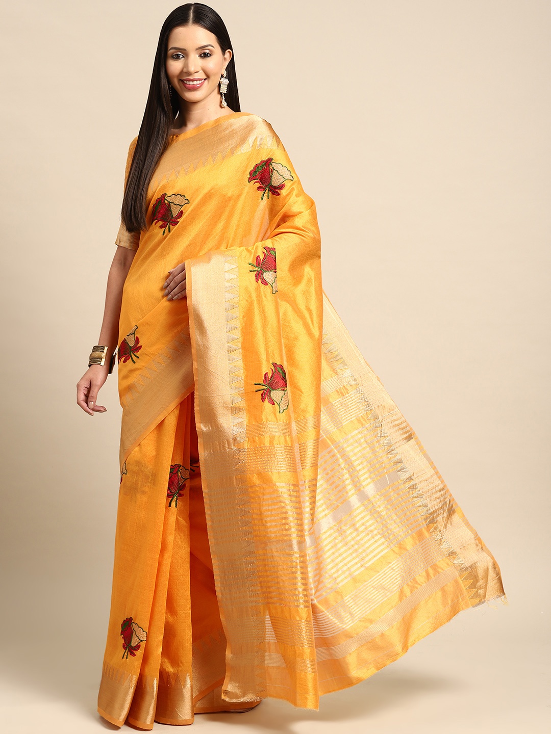 

Mitera Yellow & Red Floral Embroidered Zari Banarasi Saree