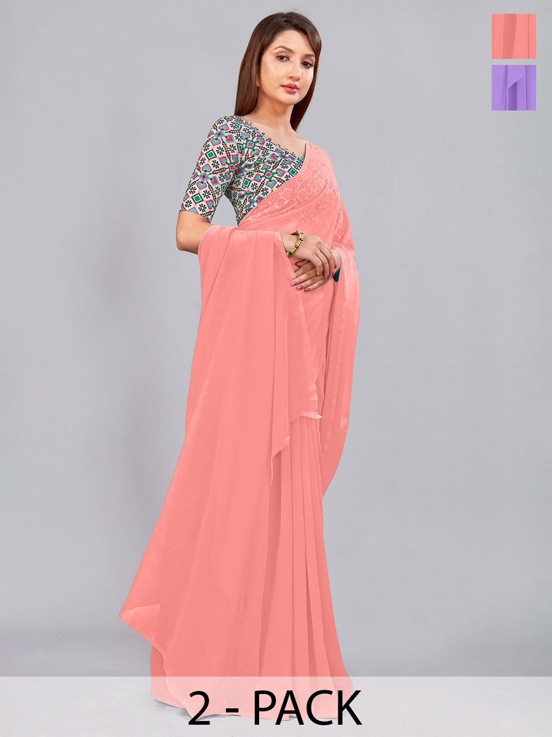 

CastilloFab Selection of 2 Pure Georgette Saree, Peach